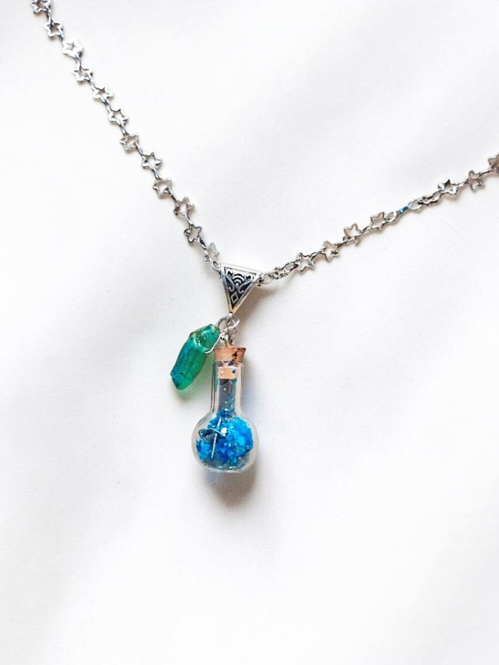 Whimsigoth Mystic Potion Bottle & Crystal Charm Necklace on Star Silver Chain
